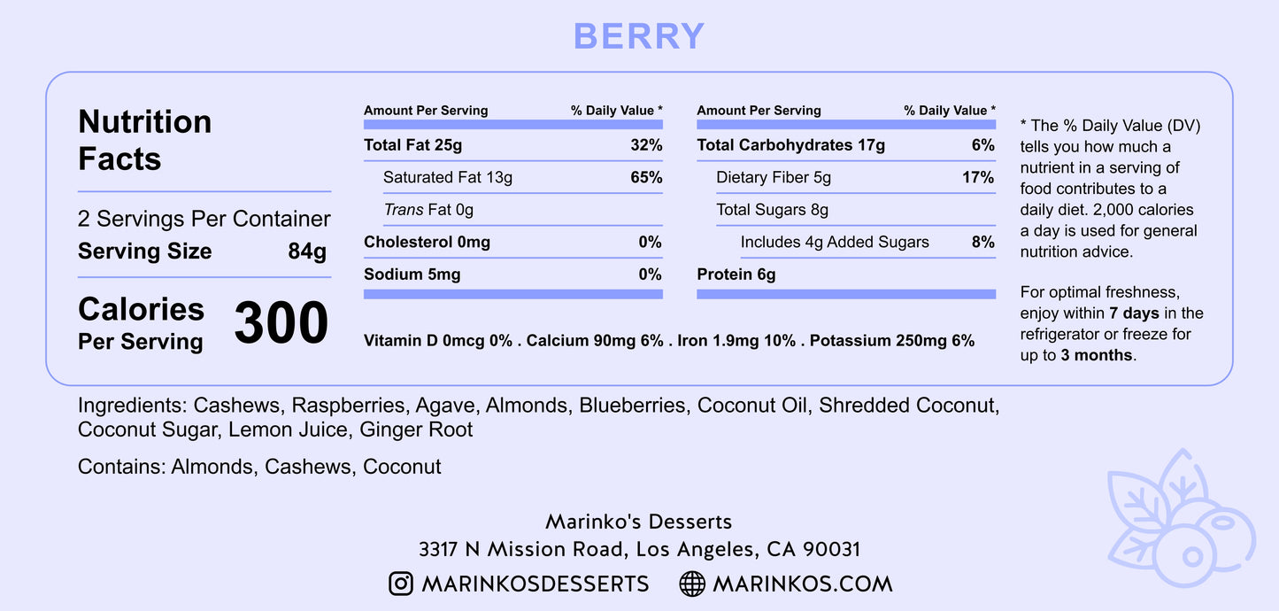 Nutrition facts label for Berry dessert showing calories, fats, carbs, protein, and key ingredients like cashews and raspberries.