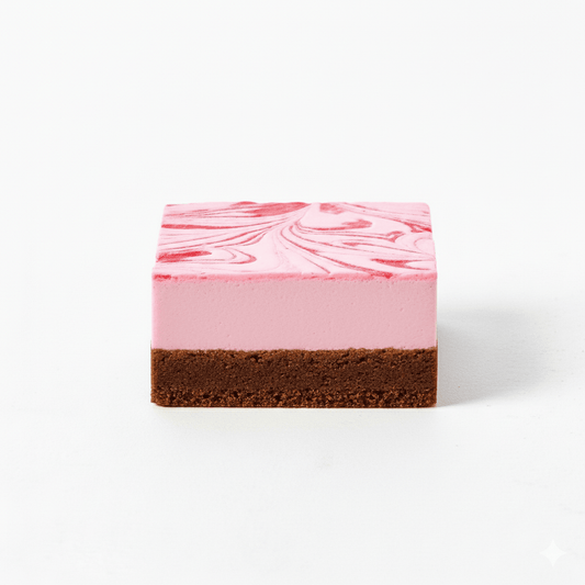 Raspberry Chocolate dessert square with pink and chocolate layers and a swirled raspberry pattern on top