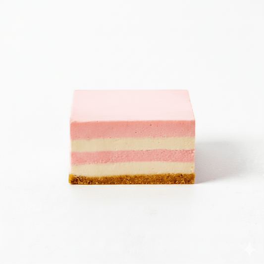 Square layered dessert with pink and cream stripes and a crumbly brown base, called Strawberry Cream.