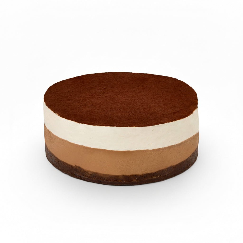 Round Tiramisu dessert with layers of cocoa powder, creamy mascarpone, and espresso-soaked cake base