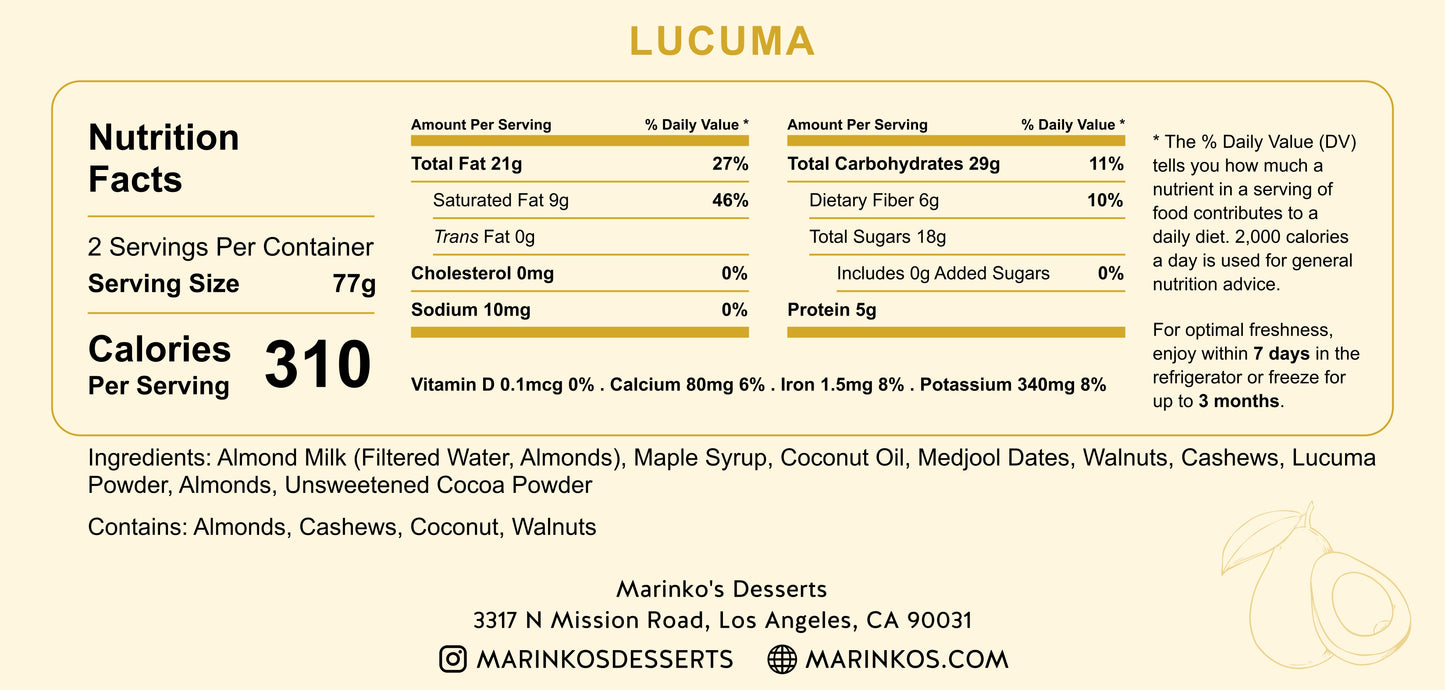Lucuma nutrition facts label showing calories, ingredients, and serving size for plant-based dessert.