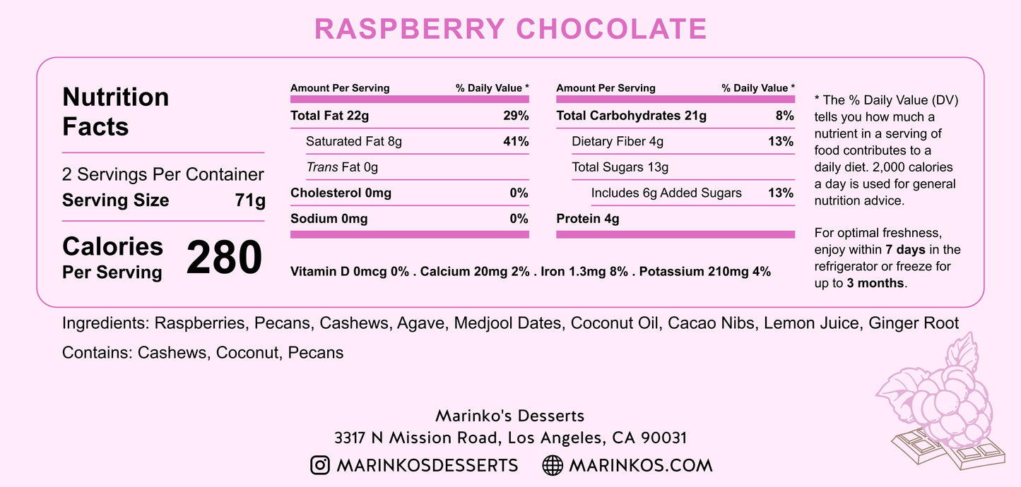 Nutrition facts label for Raspberry Chocolate raw vegan cake with ingredients and contact details of Marinko's Desserts.