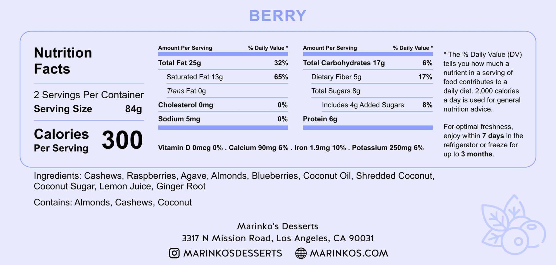 Nutrition facts label for Berry dessert showing calories, fats, carbs, protein, and key ingredients like cashews and raspberries.