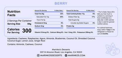 Nutrition facts label for Berry dessert showing calories, fats, carbs, protein, and key ingredients like cashews and raspberries.