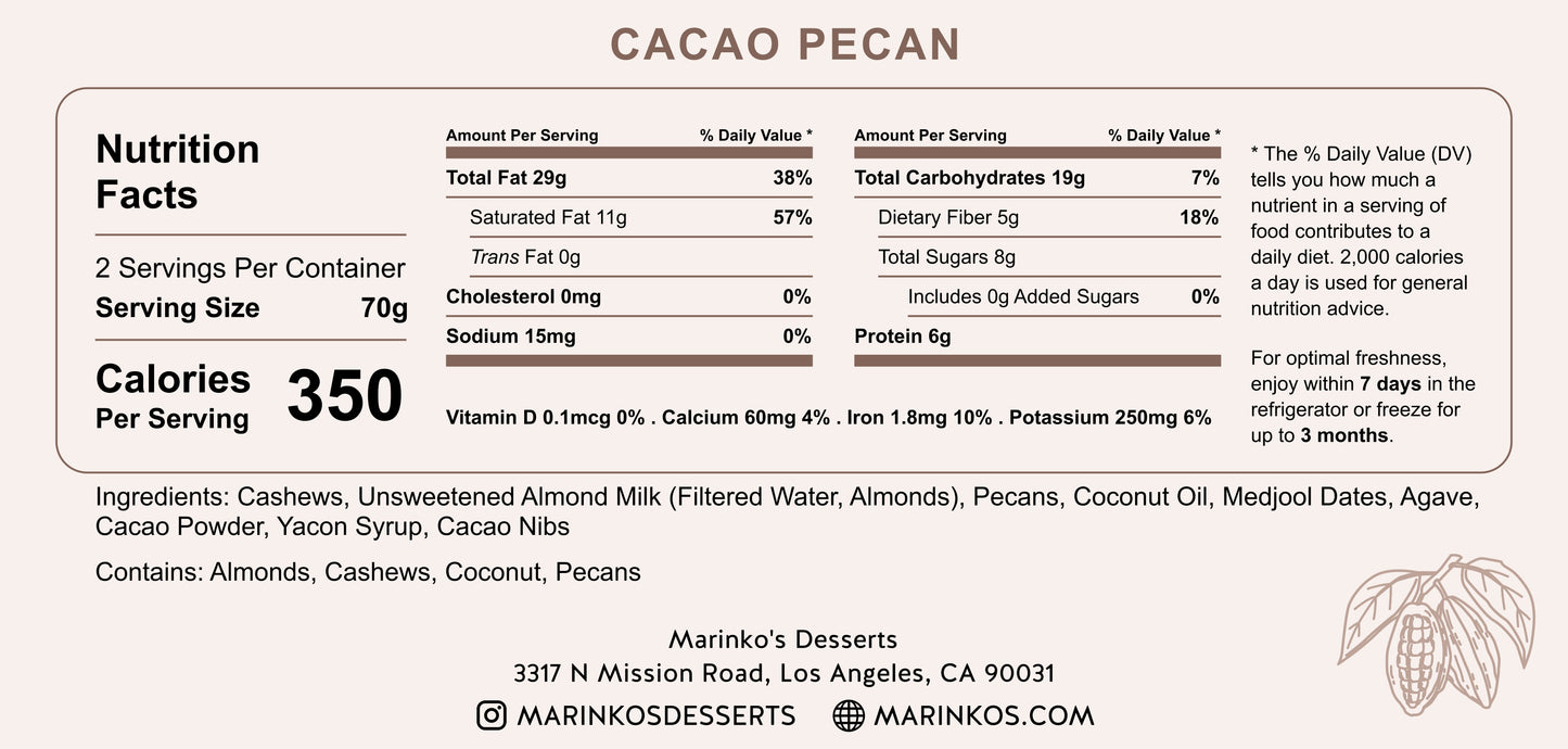 Nutrition facts label for Cacao Pecan raw vegan cake slice with ingredients and dietary information.