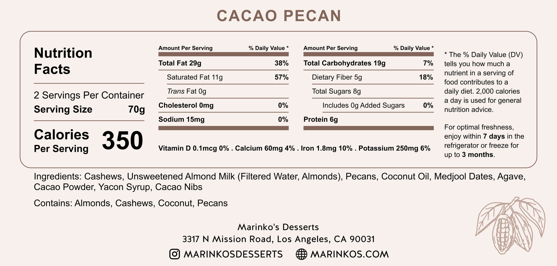 Nutrition facts label for Cacao Pecan raw vegan cake slice with ingredients and dietary information.