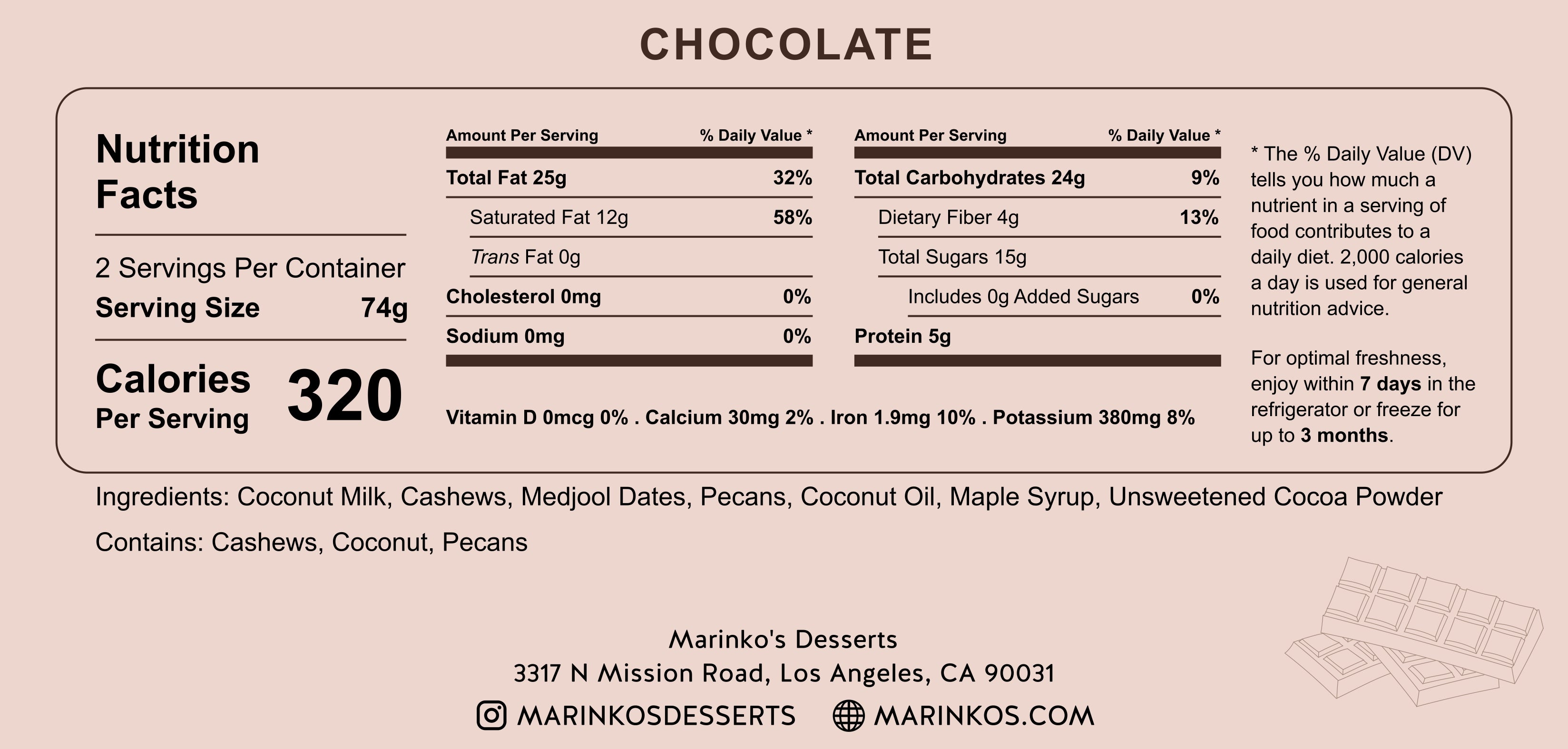 Nutrition facts label for Chocolate showing calories, fats, carbohydrates, ingredients, and contact details for Marinko's Desserts.