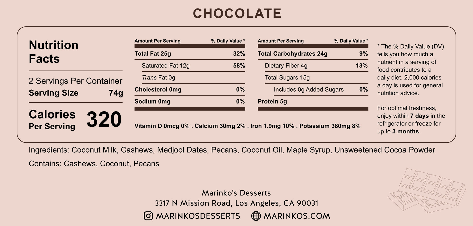Nutrition facts label for Chocolate showing calories, fats, carbohydrates, ingredients, and contact details for Marinko's Desserts.