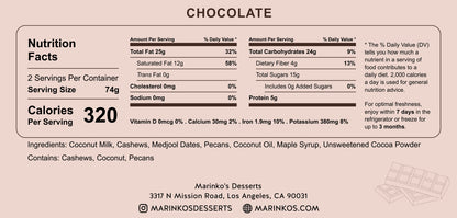 Nutrition facts label for Chocolate showing calories, fats, carbohydrates, ingredients, and contact details for Marinko's Desserts.