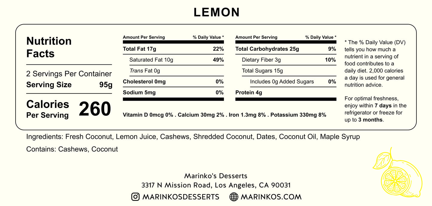 Nutrition facts label for Lemon with ingredient and allergy information from Marinko’s Desserts.