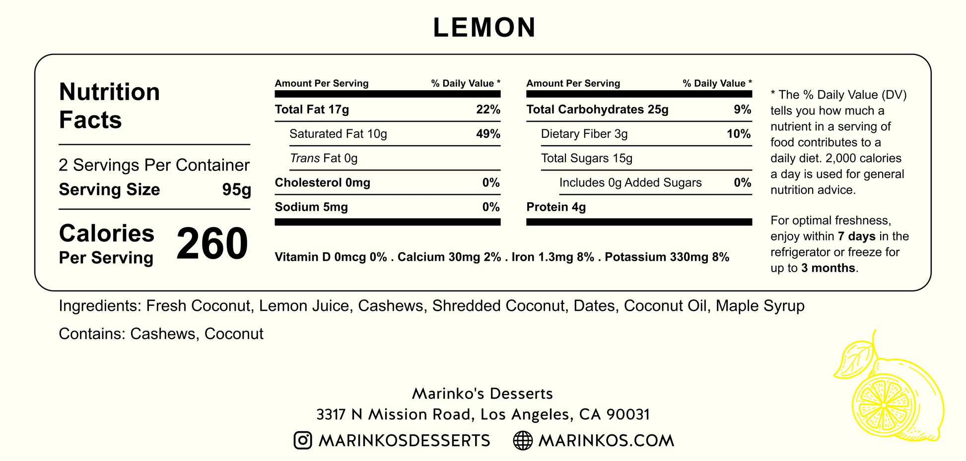 Nutrition facts label for Lemon with ingredient and allergy information from Marinko’s Desserts.