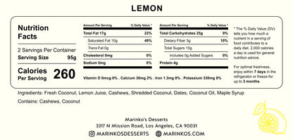 Nutrition facts label for Lemon with ingredient and allergy information from Marinko’s Desserts.