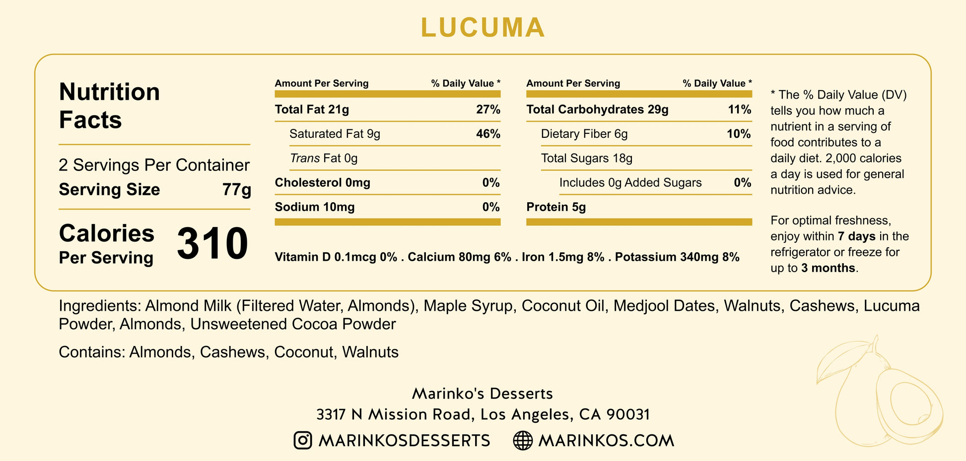 Lucuma nutrition facts label showing calories, ingredients, and serving size for plant-based dessert.