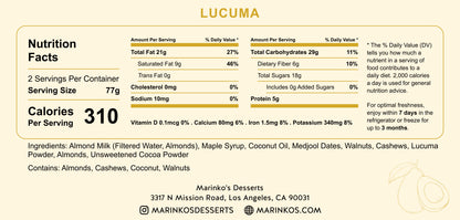 Lucuma nutrition facts label showing calories, ingredients, and serving size for plant-based dessert.