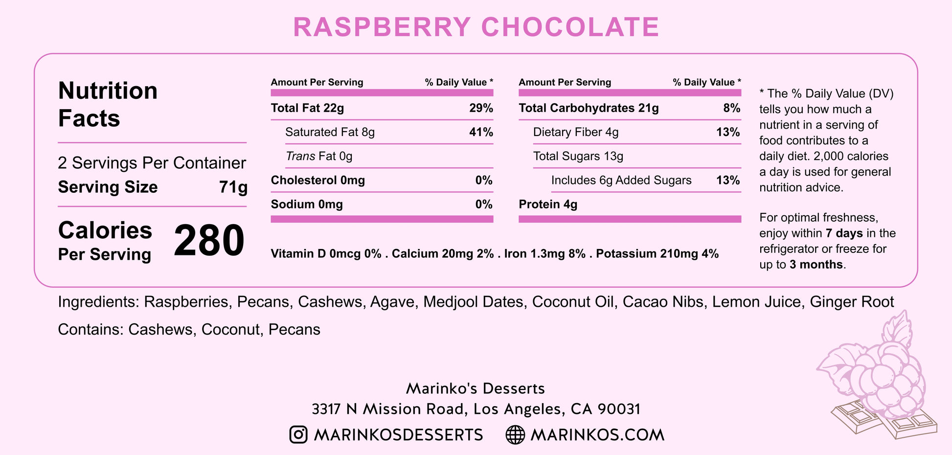 Nutrition facts label for Raspberry Chocolate raw vegan cake with ingredients and contact details of Marinko's Desserts.