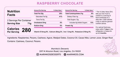 Nutrition facts label for Raspberry Chocolate raw vegan cake with ingredients and contact details of Marinko's Desserts.