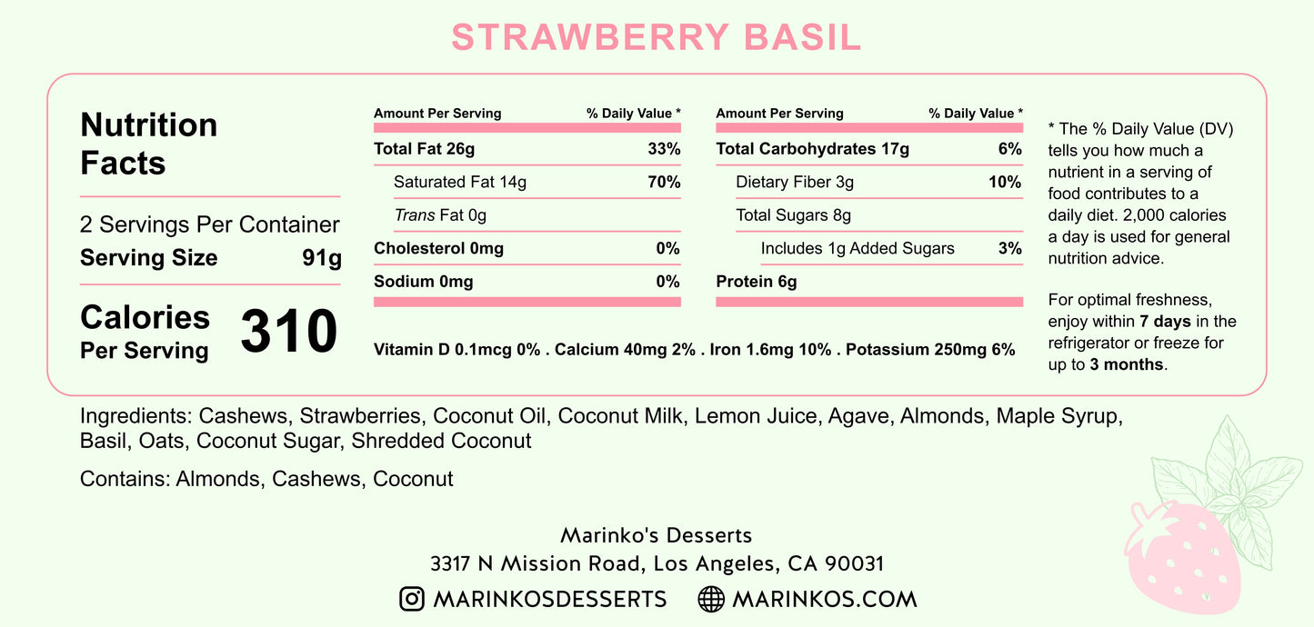 Nutrition facts panel for Strawberry Basil raw vegan cake with ingredients and allergen information from Marinko’s Desserts.