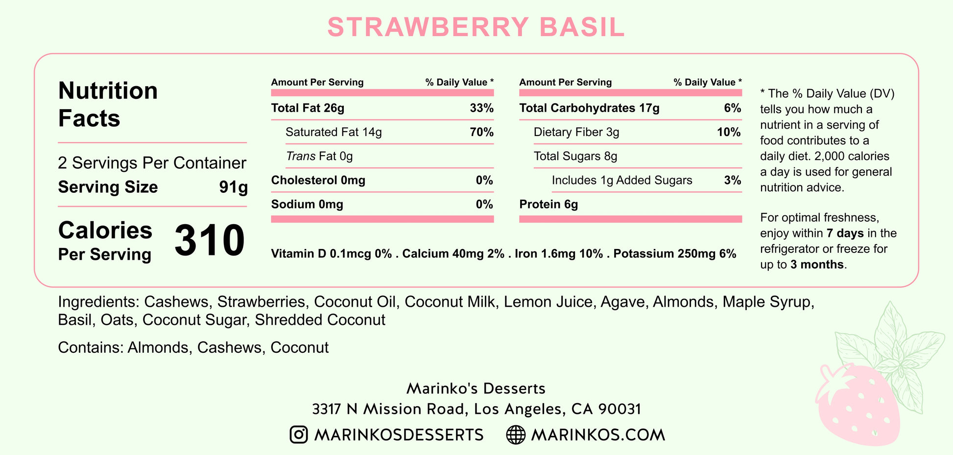 Nutrition facts panel for Strawberry Basil raw vegan cake with ingredients and allergen information from Marinko’s Desserts.