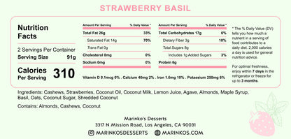 Nutrition facts panel for Strawberry Basil raw vegan cake with ingredients and allergen information from Marinko’s Desserts.