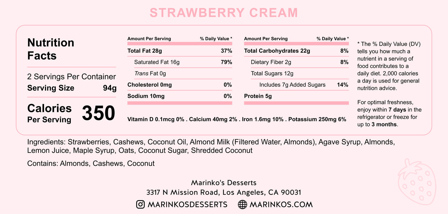 Nutrition facts label for Strawberry Cream with ingredients and allergen information from Marinko's Desserts.