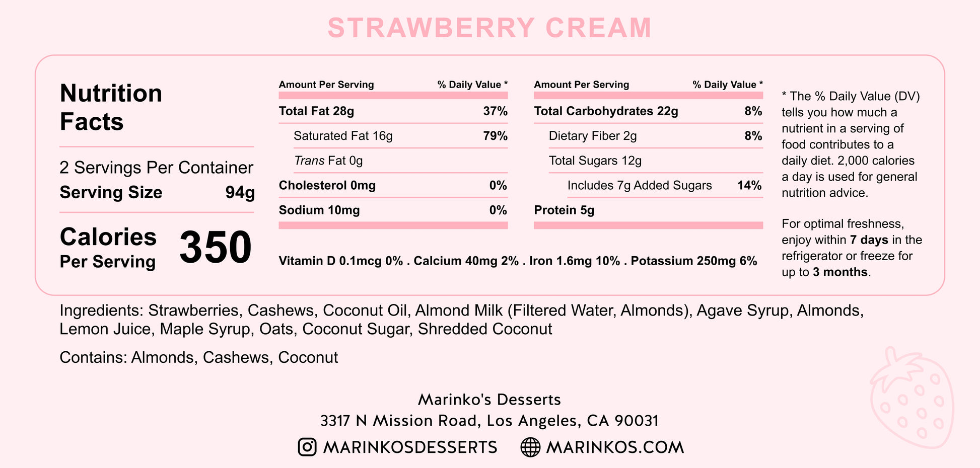 Nutrition facts label for Strawberry Cream with ingredients and allergen information from Marinko's Desserts.
