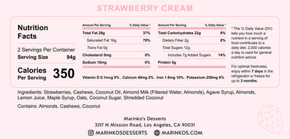Nutrition facts label for Strawberry Cream with ingredients and allergen information from Marinko's Desserts.