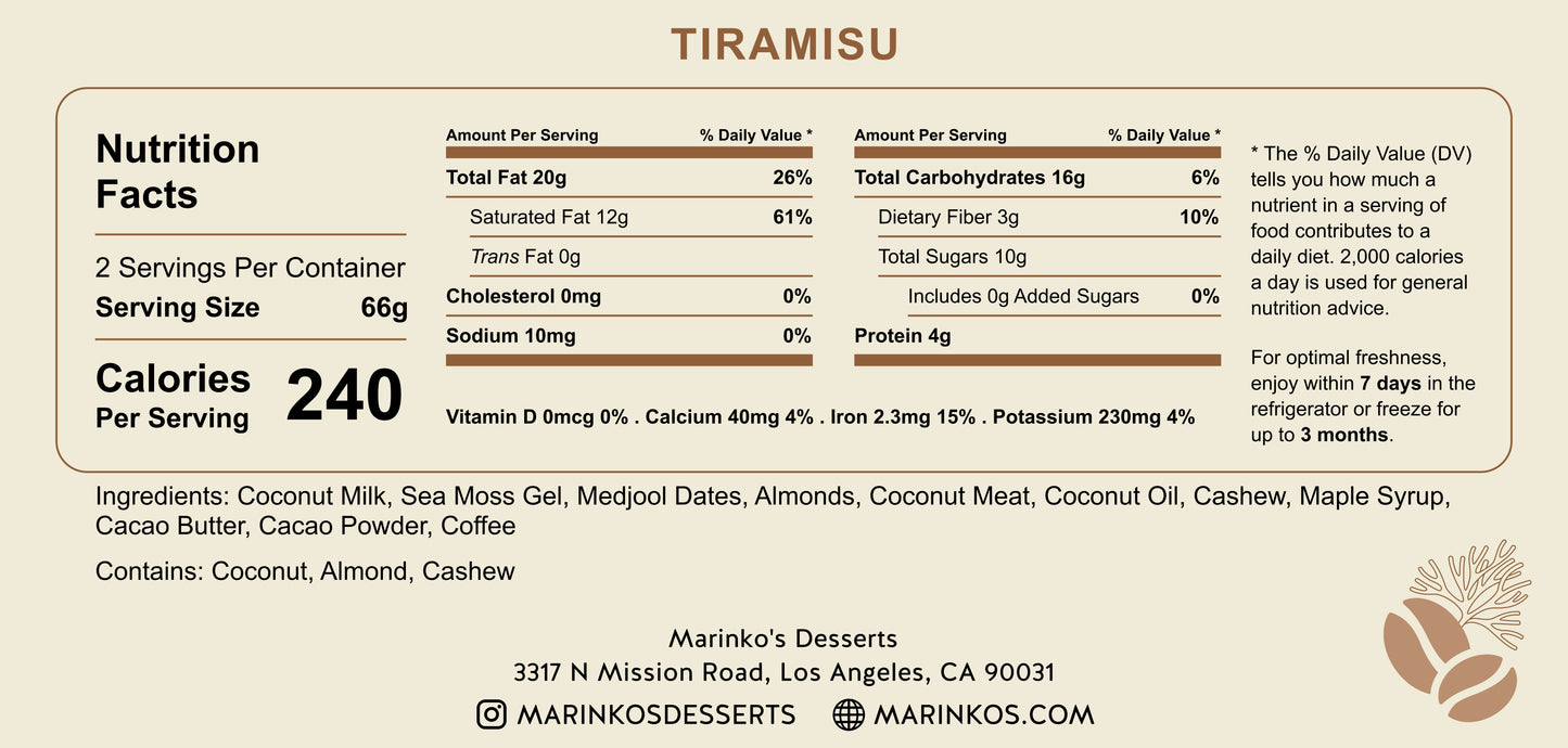 Nutrition facts label for Tiramisu showing ingredients and calorie content per serving from Marinko's Desserts.