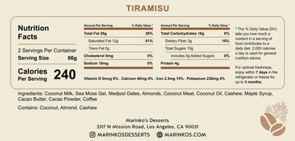 Nutrition facts label for Tiramisu showing ingredients and calorie content per serving from Marinko's Desserts.
