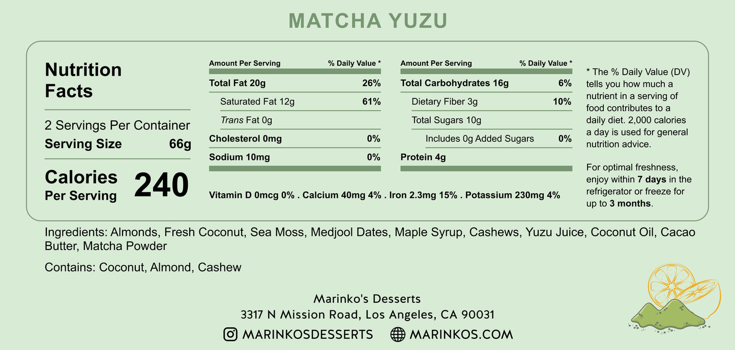 Nutrition facts label for Matcha Yuzu vegan dessert with ingredients and Marinko’s Desserts branding information.