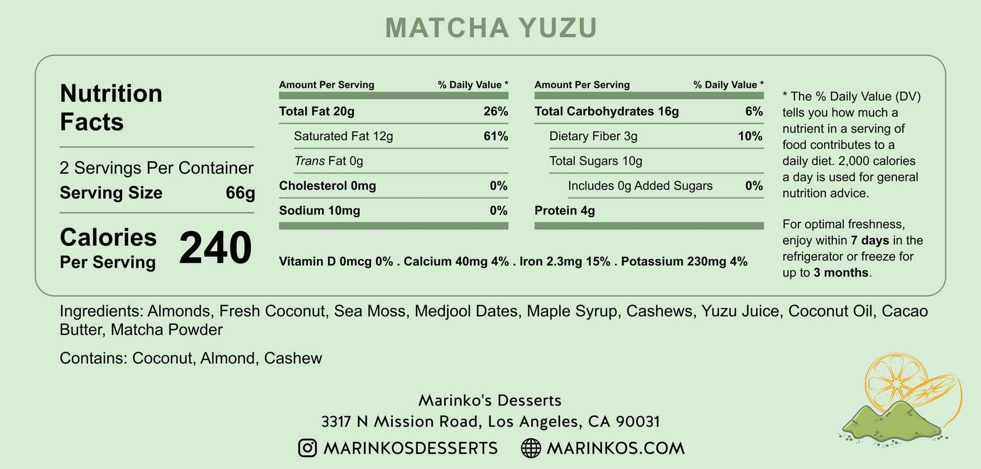Nutrition facts label for Matcha Yuzu vegan dessert with ingredients and Marinko’s Desserts branding information.