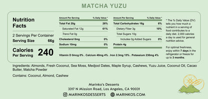 Nutrition facts label for Matcha Yuzu vegan dessert with ingredients and Marinko’s Desserts branding information.